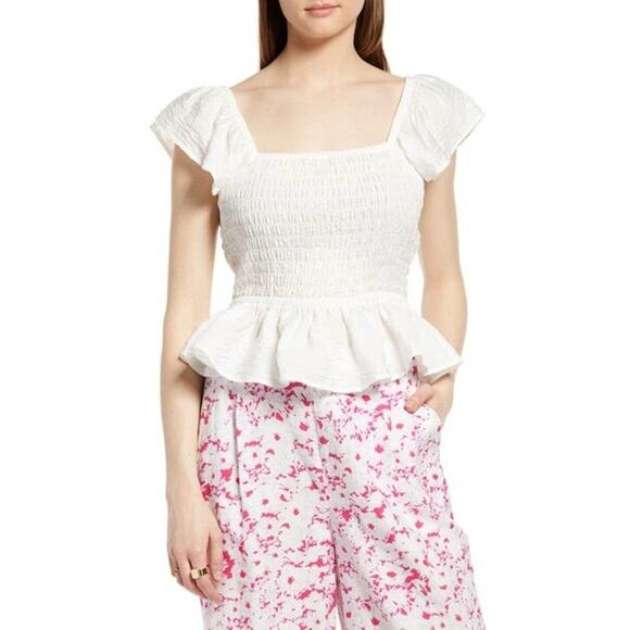 Open Edit Smocked Peplum Top In Ivory Size M Flutter Sleeves Viscose Coquette - Picture 1 of 8